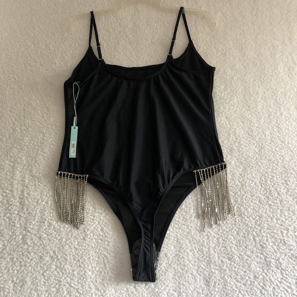 Fashion Nova Swimsuit 2X Black Rhinestone Diamonds Fringe One Piece New